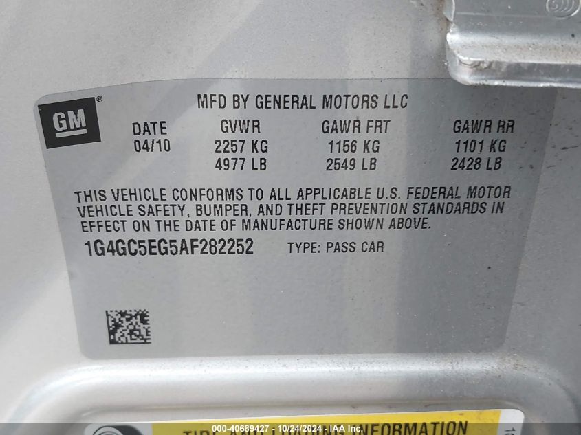 2010 Buick Lacrosse Cxl VIN: 1G4GC5EG5AF282252 Lot: 40689427
