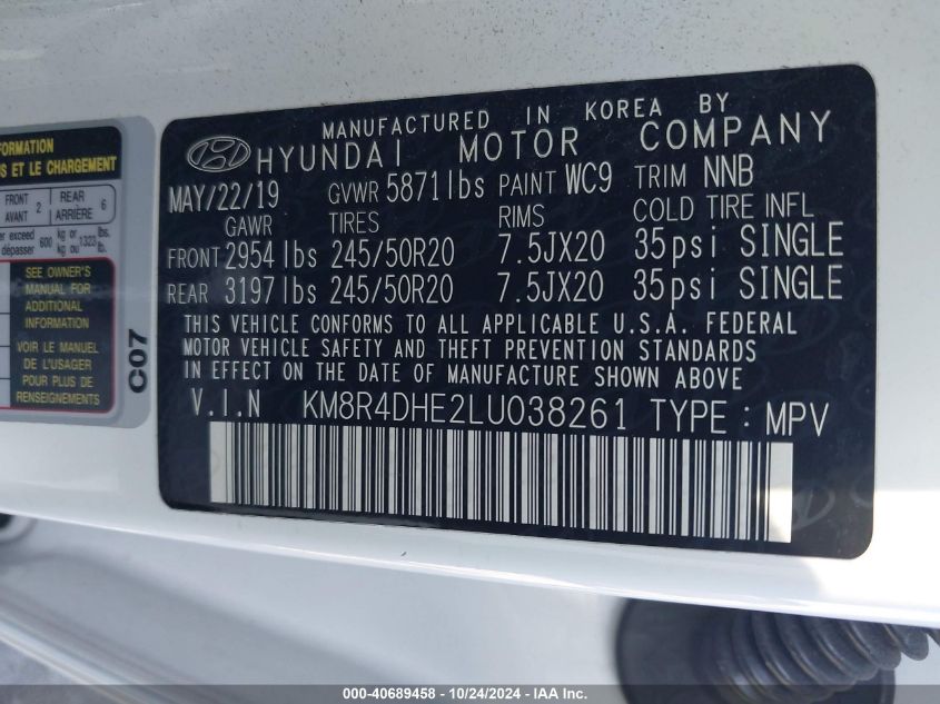 2020 Hyundai Palisade Sel VIN: KM8R4DHE2LU038261 Lot: 40689458