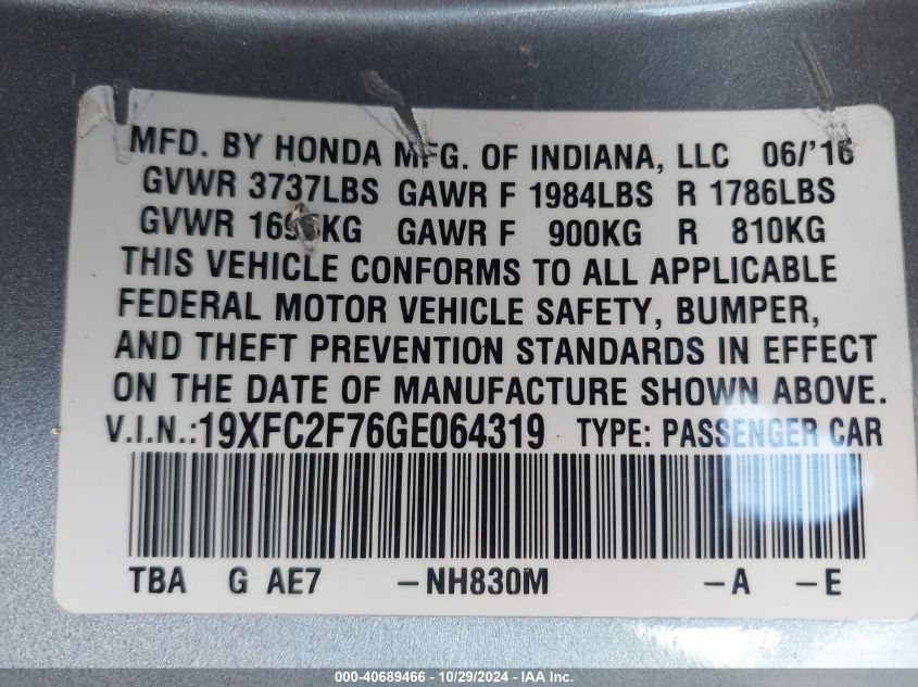 2016 Honda Civic Ex VIN: 19XFC2F76GE064319 Lot: 40689466