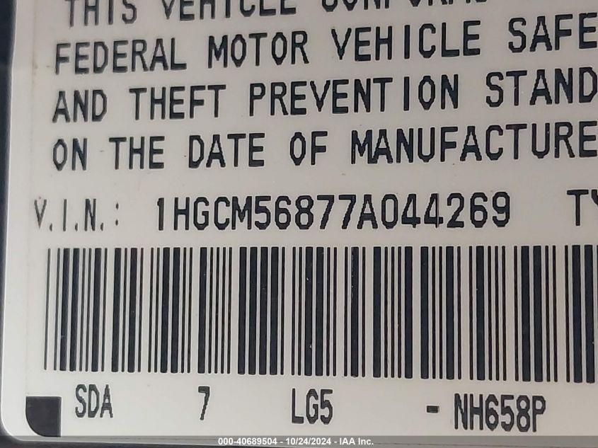 2007 Honda Accord 2.4 Ex VIN: 1HGCM56877A044269 Lot: 40689504