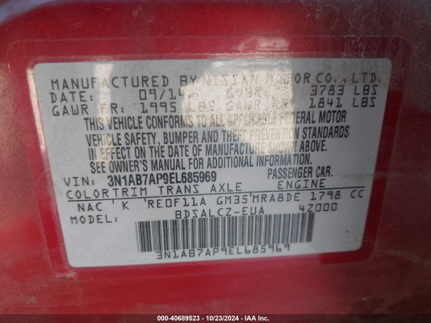 2014 Nissan Sentra S VIN: 3N1AB7AP9EL685969 Lot: 40689523