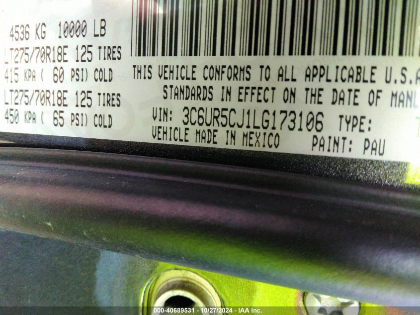 2020 Ram 2500 Tradesman VIN: 3C6UR5CJ1LG173106 Lot: 40689531