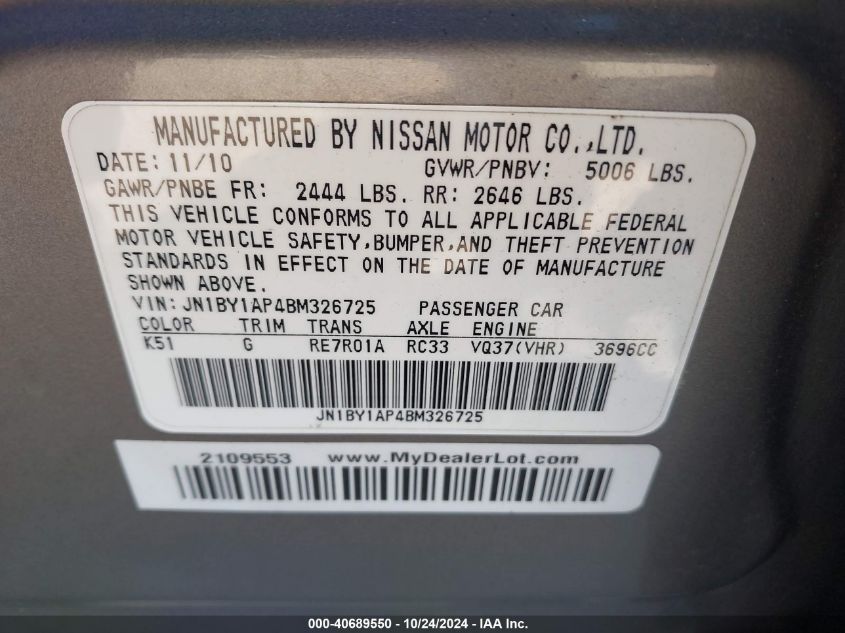 2011 Infiniti M37 VIN: JN1BY1AP4BM326725 Lot: 40689550