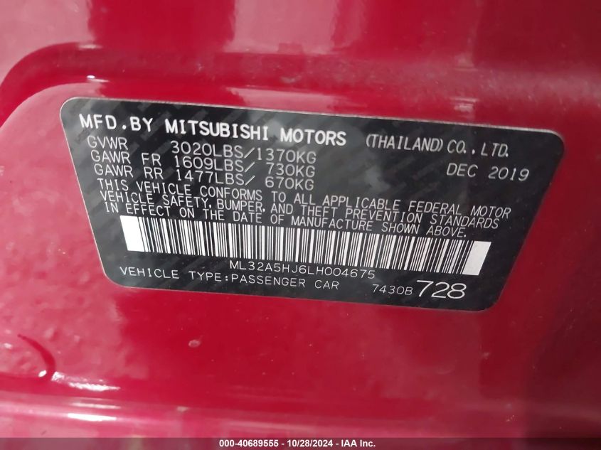 2020 Mitsubishi Mirage Gt/Le VIN: ML32A5HJ6LH004675 Lot: 40689555