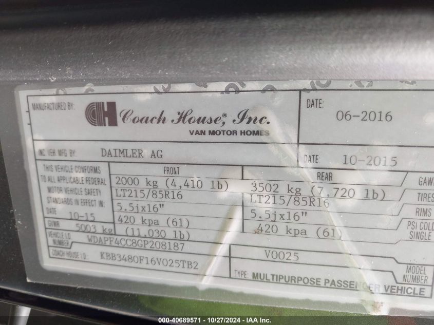 2016 Mercedes-Benz Sprinter 3500 - WDAPF4CC8GP208187