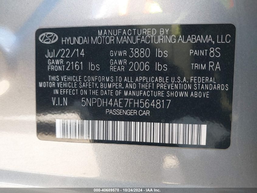 2015 Hyundai Elantra Se VIN: 5NPDH4AE7FH564817 Lot: 40689578