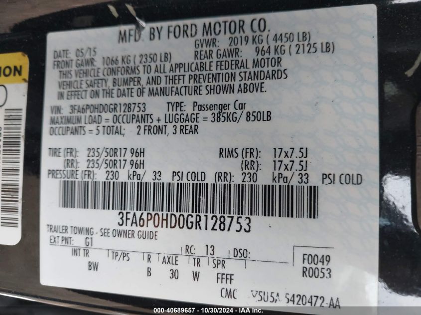 2016 FORD FUSION SE - 3FA6P0HD0GR128753