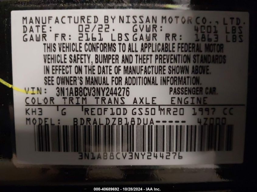 2022 Nissan Sentra Sv Xtronic Cvt VIN: 3N1AB8CV3NY244276 Lot: 40689692