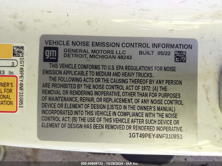 2022 GMC Sierra 2500Hd 4Wd Standard Bed At4 VIN: 1GT49PEY4NF310851 Lot: 40689733