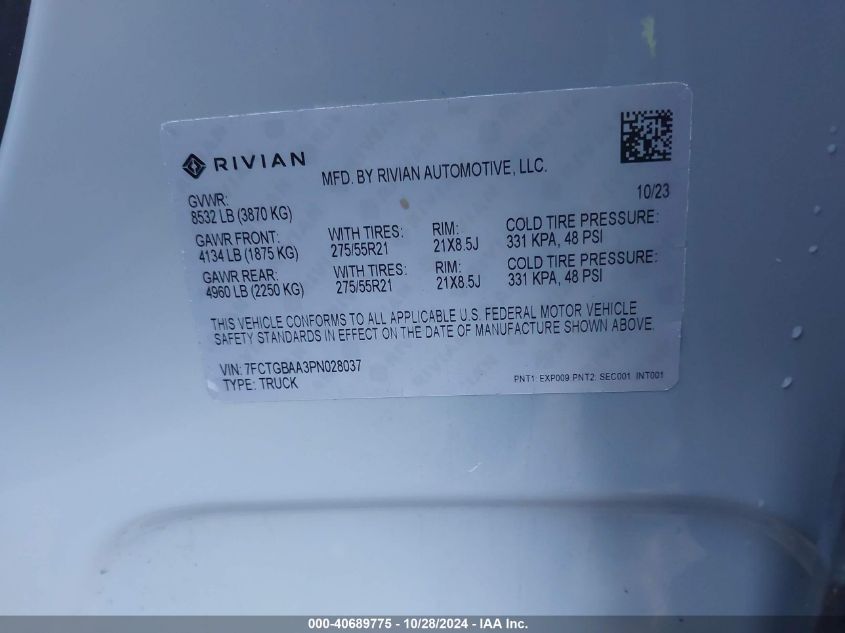 2023 Rivian R1T Adventure VIN: 7FCTGBAA3PN028037 Lot: 40689775