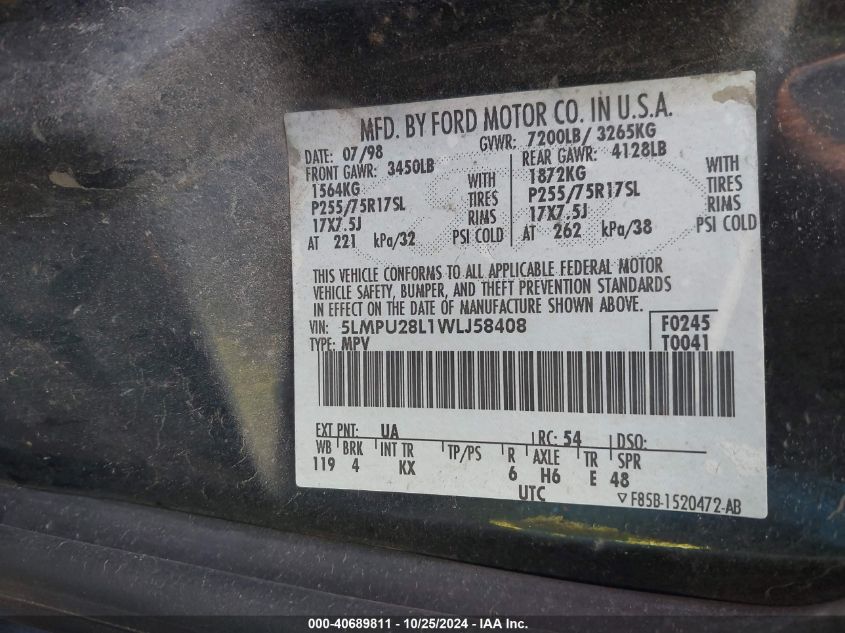 1998 Lincoln Navigator VIN: 5LMPU28L1WLJ58408 Lot: 40689811