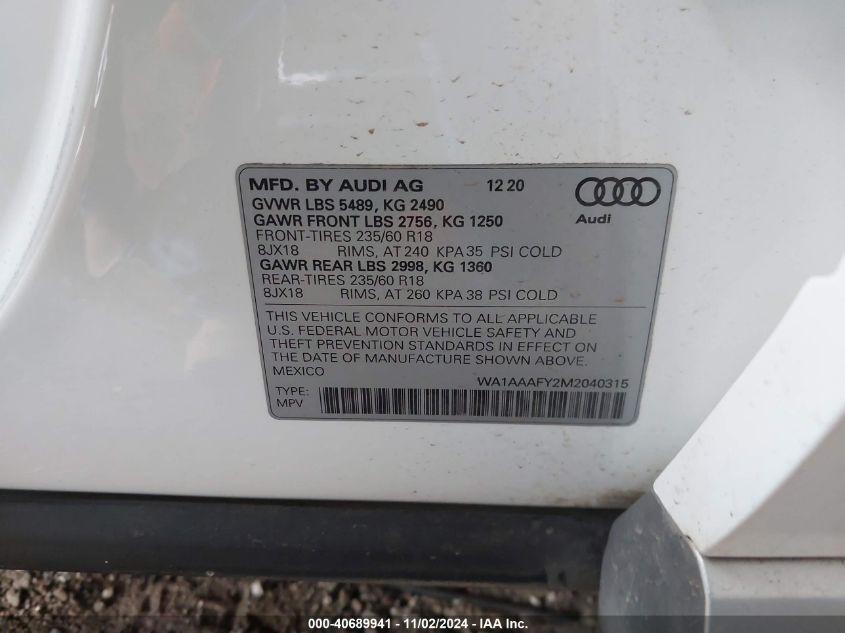 2021 Audi Q5 Premium 45 Tfsi Quattro S Tronic VIN: WA1AAAFY2M2040315 Lot: 40689941