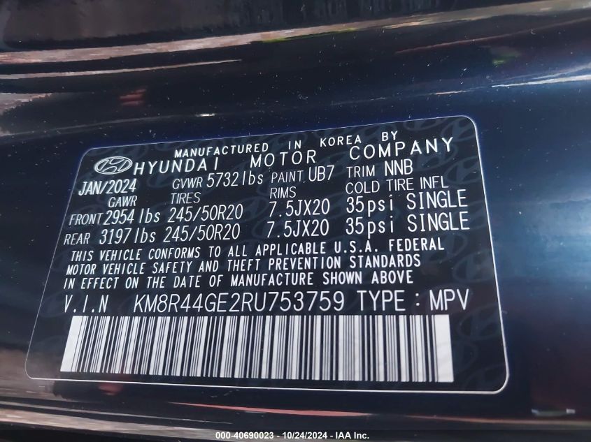 2024 Hyundai Palisade Sel Premium VIN: KM8R44GE2RU753759 Lot: 40690023