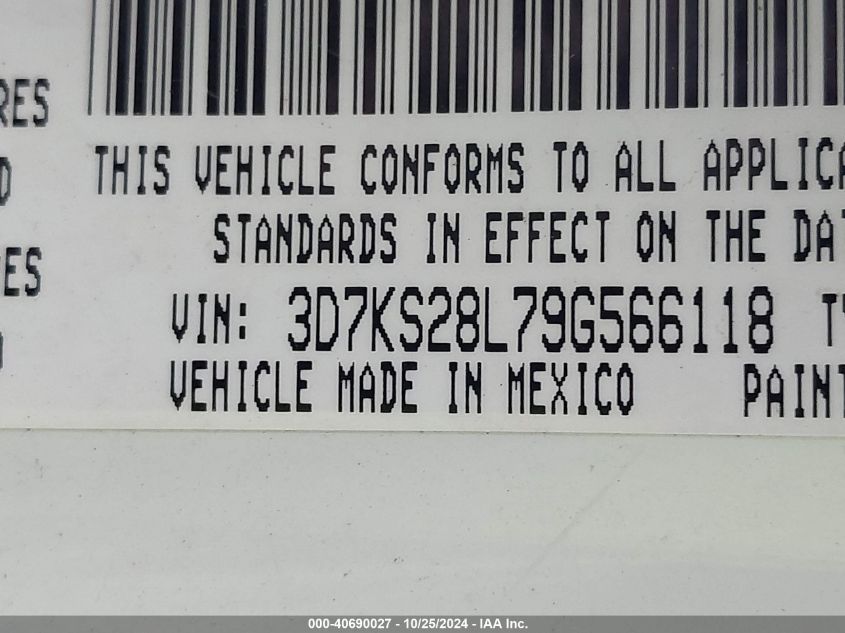 2009 Dodge Ram 2500 VIN: 3D7KS28L79G566118 Lot: 40690027