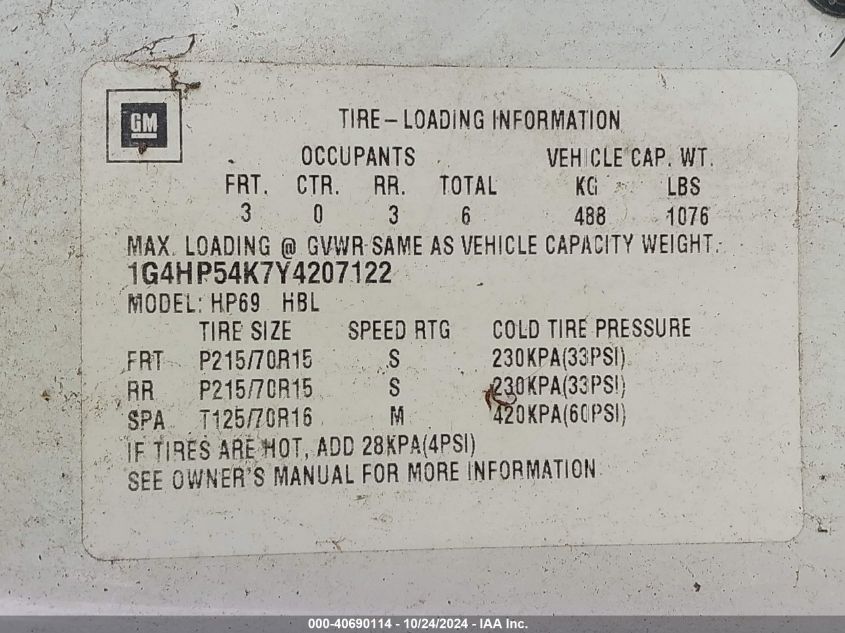 2000 Buick Lesabre Custom VIN: 1G4HP54K7Y4207122 Lot: 40690114