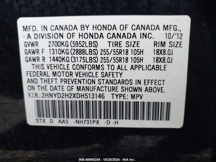2013 Acura Mdx VIN: 2HNYD2H2XDH513146 Lot: 40690209