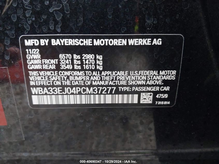 2023 BMW 760 I xDrive VIN: WBA33EJ04PCM37277 Lot: 40690347