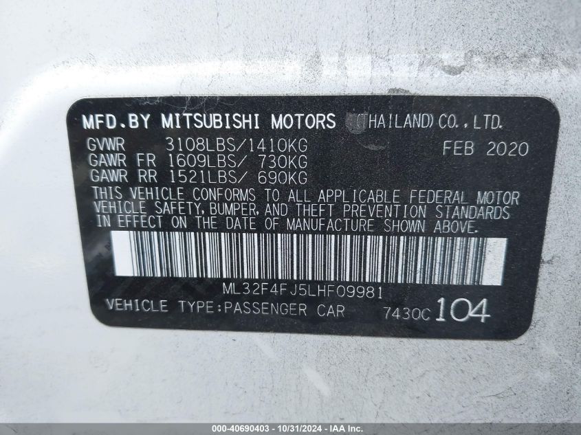 2020 Mitsubishi Mirage G4 Le VIN: ML32F4FJ5LHF09981 Lot: 40690403