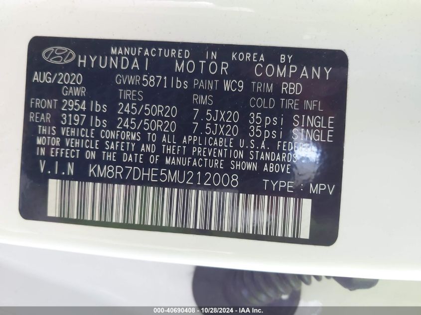 2021 Hyundai Palisade Calligraphy VIN: KM8R7DHE5MU212008 Lot: 40690408