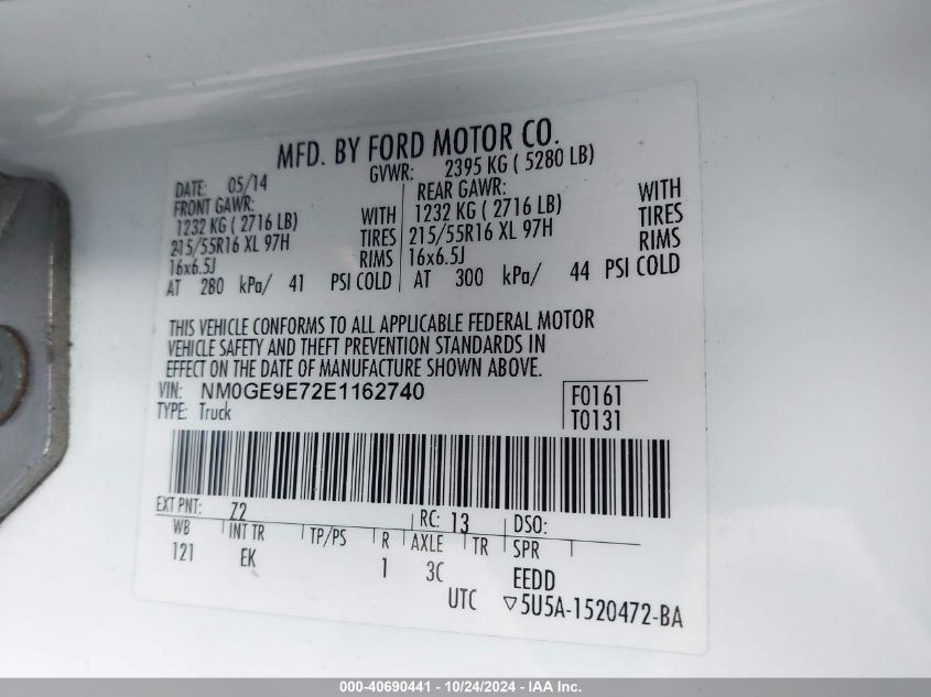 2014 Ford Transit Connect Xl VIN: NM0GE9E72E1162740 Lot: 40690441