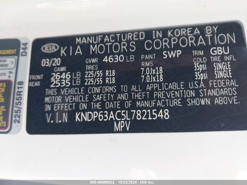 2020 Kia Sportage S VIN: KNDP63AC5L7821548 Lot: 40690532