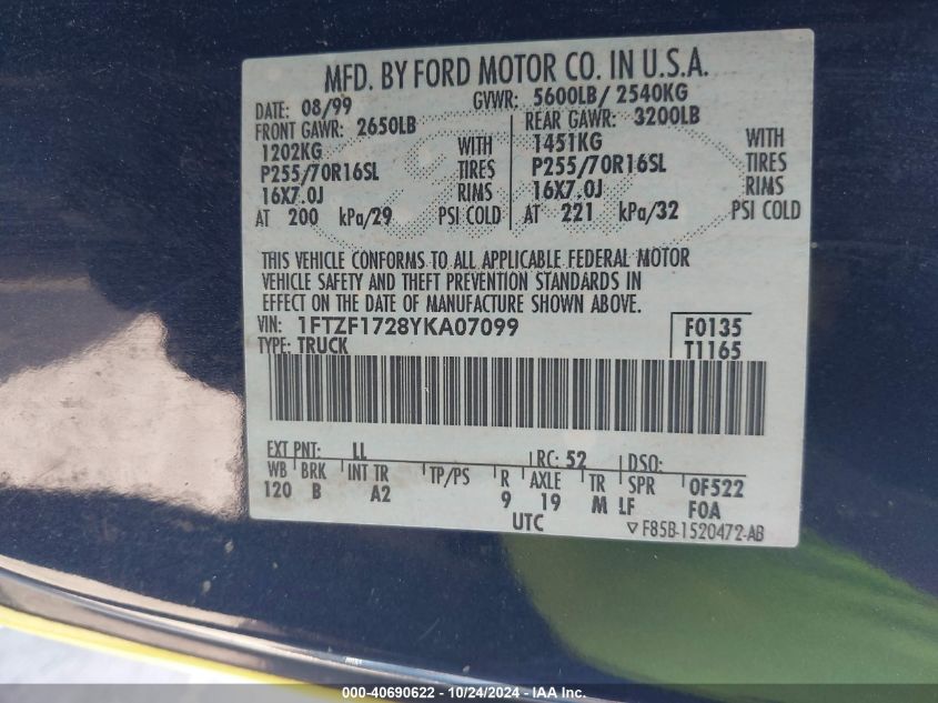 2000 Ford F-150 Work Series/Xl/Xlt VIN: 1FTZF1728YKA07099 Lot: 40690622