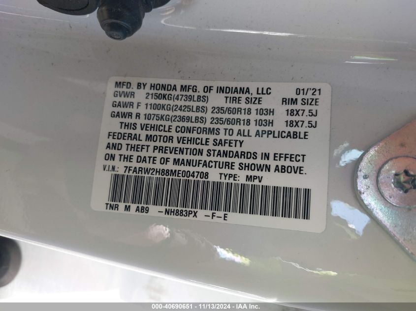 2021 HONDA CR-V AWD EX-L - 7FARW2H88ME004708