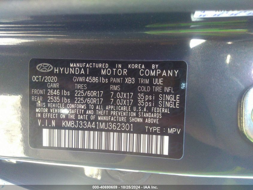 2021 Hyundai Tucson Value VIN: KM8J33A41MU362301 Lot: 40690659