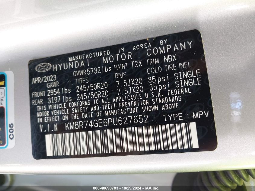 2023 Hyundai Palisade Calligraphy VIN: KM8R74GE6PU627652 Lot: 40690703