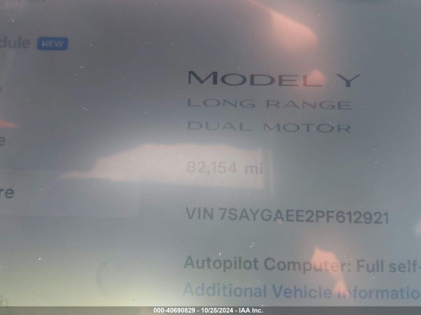 2023 Tesla Model Y Awd/Long Range Dual Motor All-Wheel Drive VIN: 7SAYGAEE2PF612921 Lot: 40690829