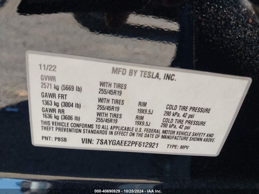 2023 Tesla Model Y Awd/Long Range Dual Motor All-Wheel Drive VIN: 7SAYGAEE2PF612921 Lot: 40690829