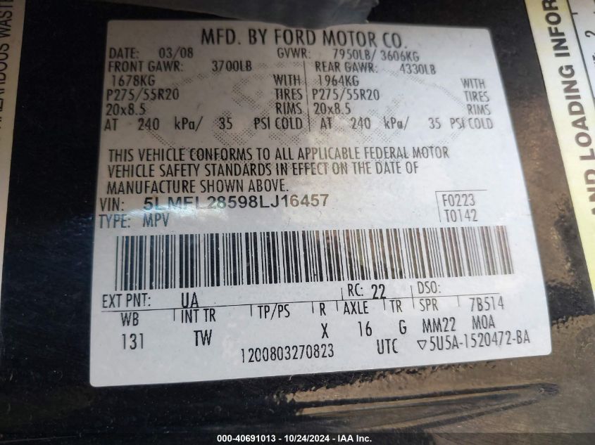 2008 Lincoln Navigator L VIN: 5LMFL28598LJ16457 Lot: 40691013