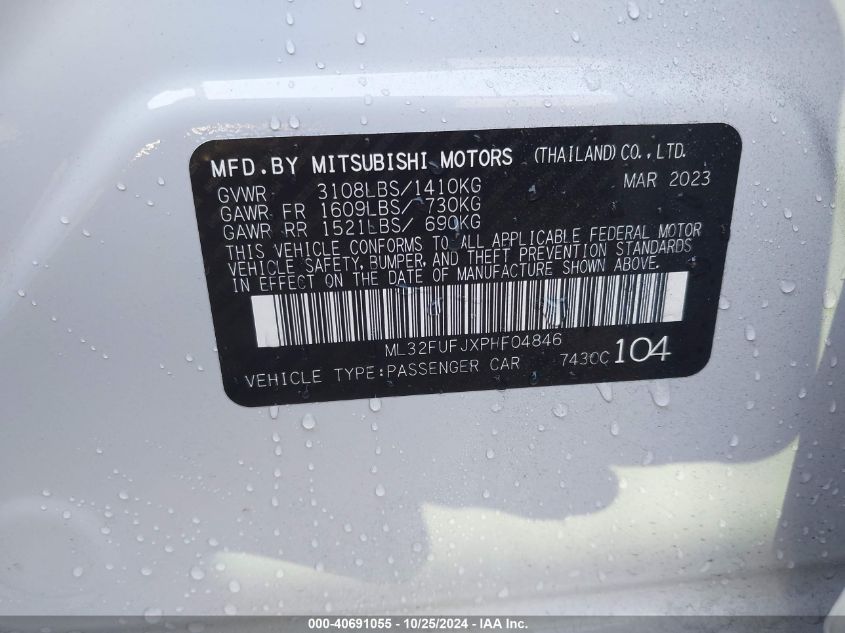 2023 Mitsubishi Mirage G4 Es/G4 Le/G4 Black Edition VIN: ML32FUFJXPHF04846 Lot: 40691055