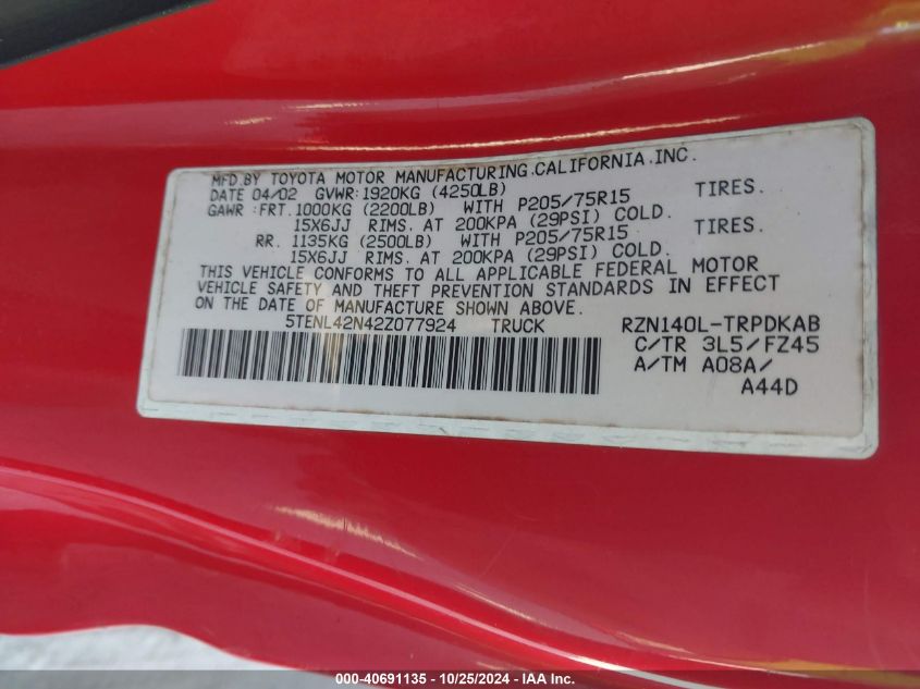 2002 Toyota Tacoma VIN: 5TENL42N42Z077924 Lot: 40691135
