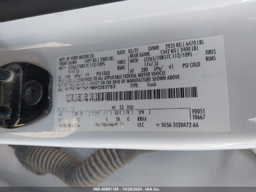 2021 Ford F-150 Xl VIN: 1FTEW1EB4MKD83763 Lot: 40691185