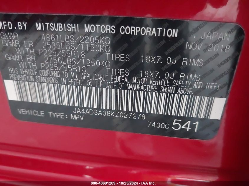 2019 Mitsubishi Outlander Le/Se/Sel VIN: JA4AD3A38KZ027278 Lot: 40691209