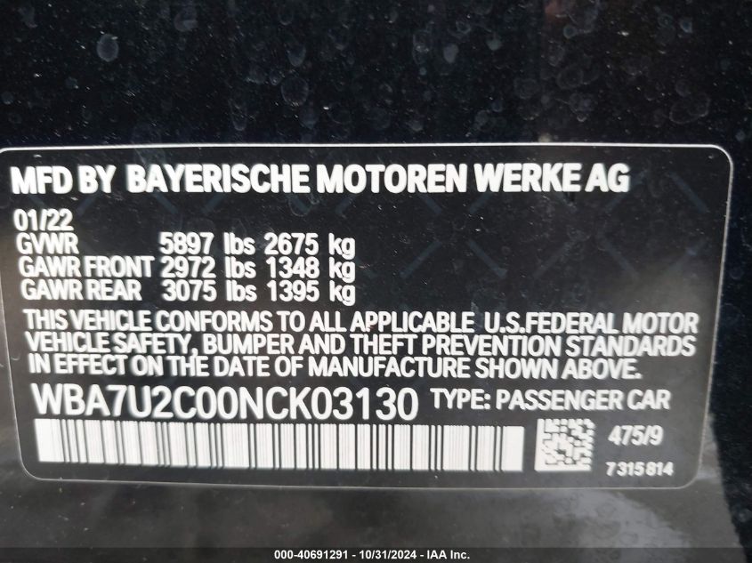 2022 BMW 750 I xDrive VIN: WBA7U2C00NCK03130 Lot: 40691291