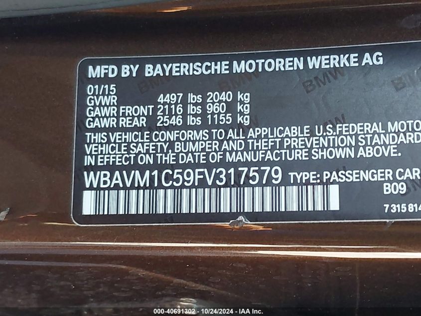 2015 BMW X1 Sdrive28I VIN: WBAVM1C59FV317579 Lot: 40691302