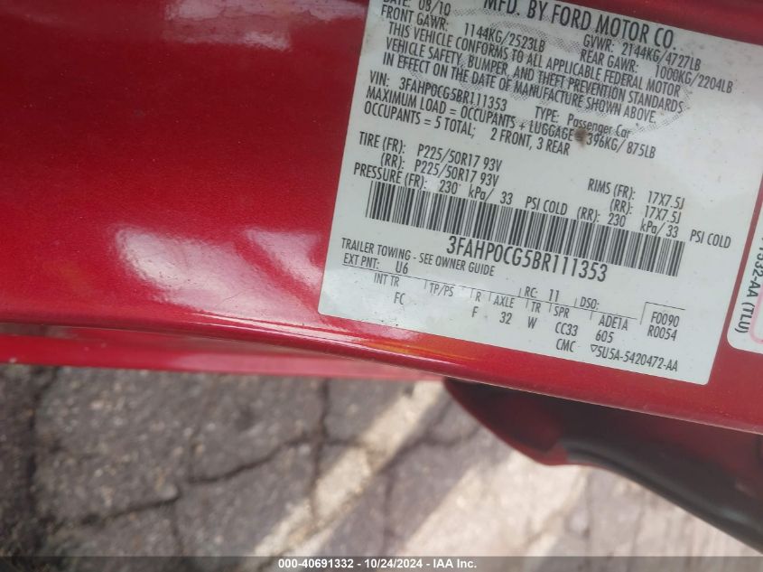 2011 Ford Fusion Sel VIN: 3FAHP0CG5BR111353 Lot: 40691332