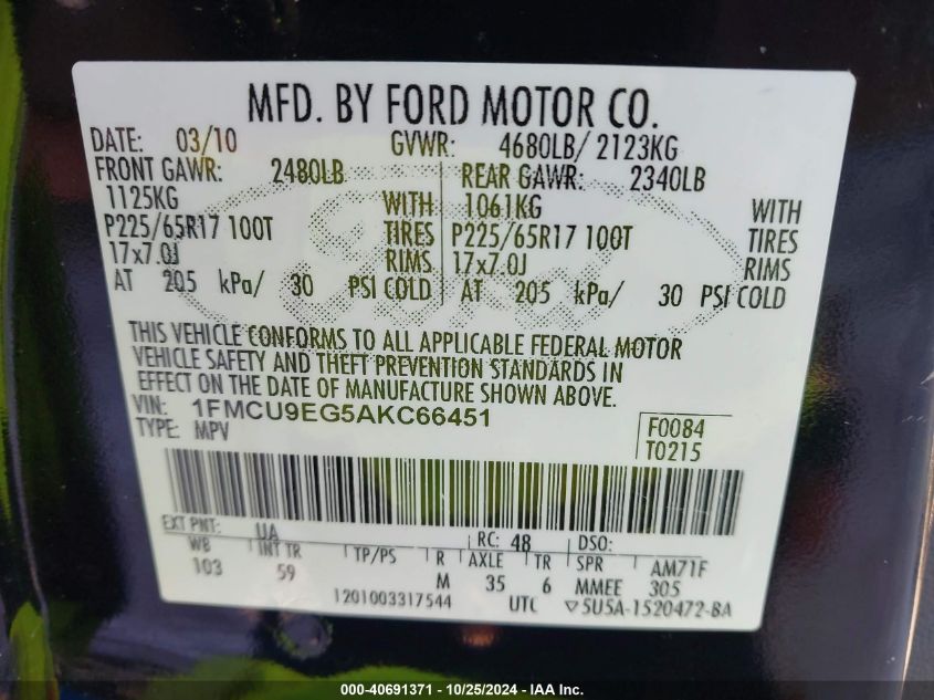 2010 Ford Escape Limited VIN: 1FMCU9EG5AKC66451 Lot: 40691371