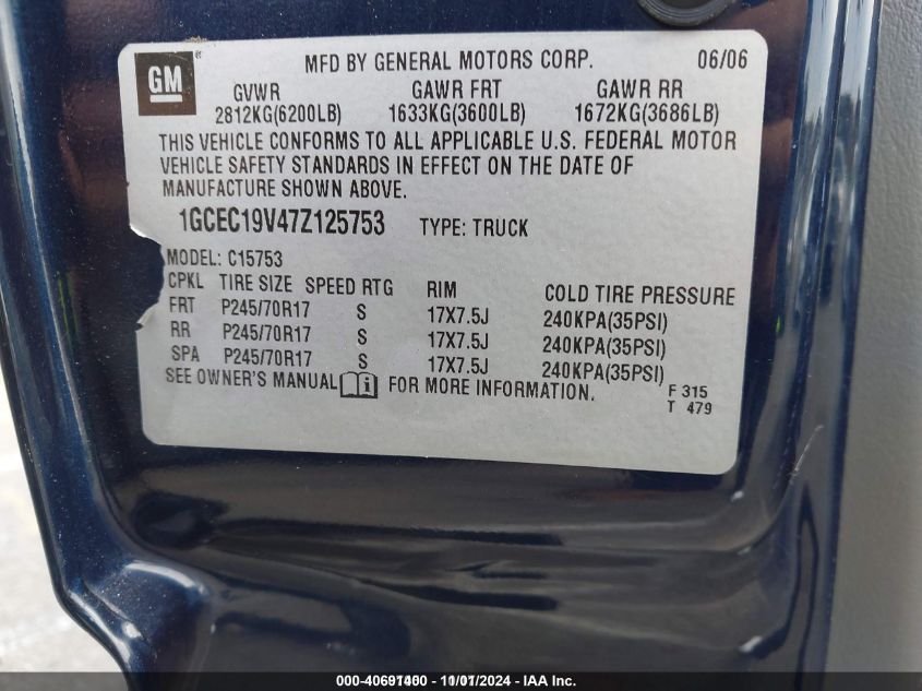 2007 Chevrolet Silverado 1500 Classic Ls VIN: 1GCEC19V47Z125753 Lot: 40691400