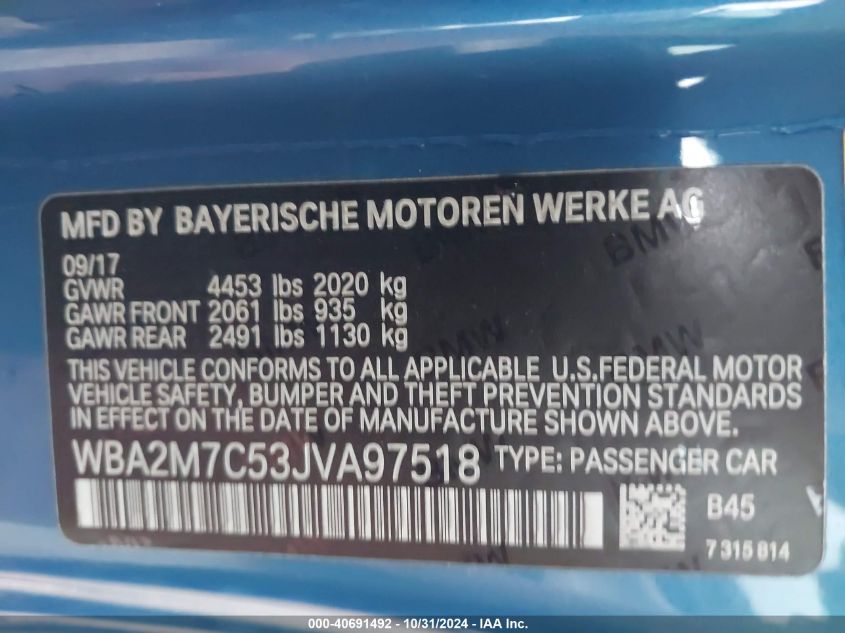 2018 BMW 230I VIN: WBA2M7C53JVA97518 Lot: 40691492