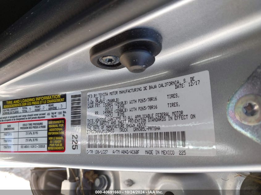 VIN 3TMCZ5ANXJM129453 2018 TOYOTA TACOMA TRD OFF ROAD