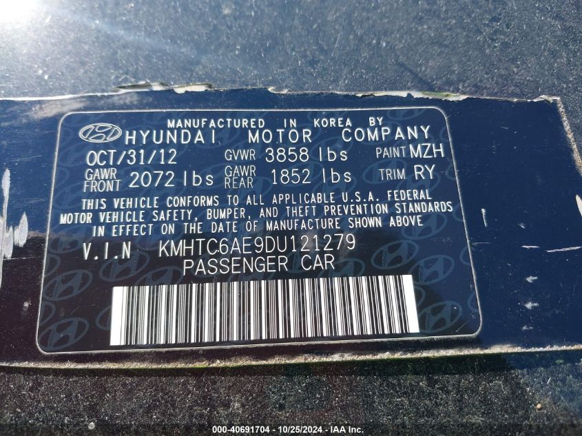 2013 Hyundai Veloster Turbo W/Black VIN: KMHTC6AE9DU121279 Lot: 40691704