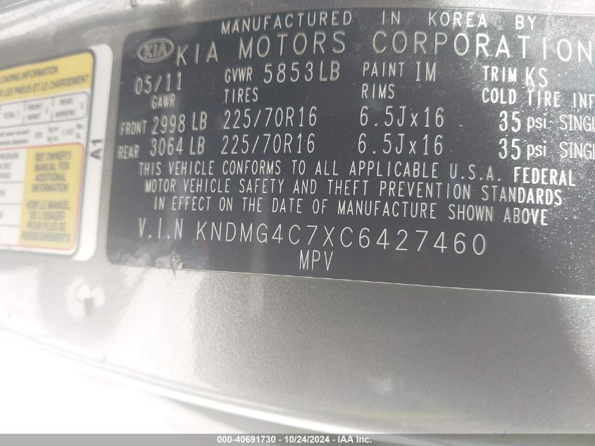 2012 Kia Sedona Lx VIN: KNDMG4C7XC6427460 Lot: 40691730