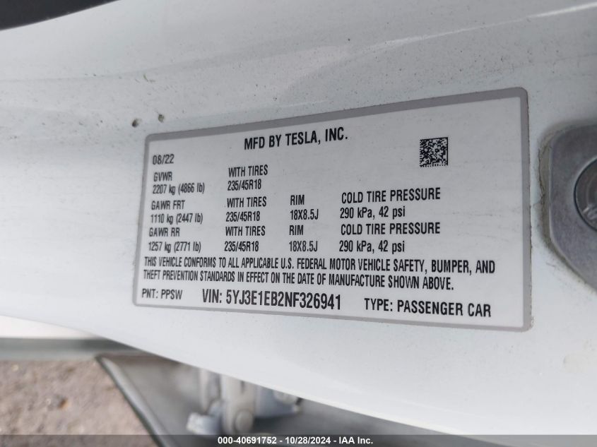 VIN 5YJ3E1EB2NF326941 2022 TESLA MODEL 3 LONG RANGE DUAL MOTOR ALL-WHEEL DRIVE