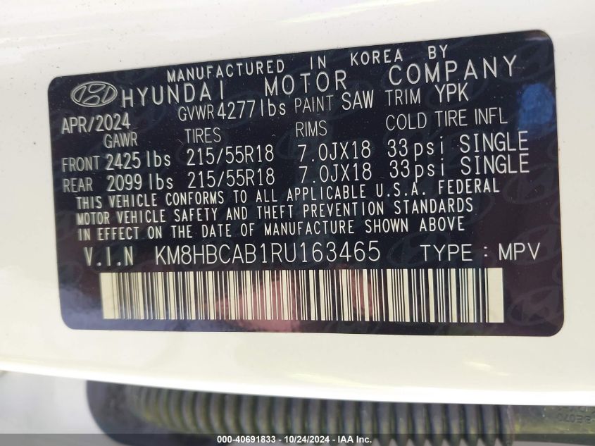 2024 Hyundai Kona Sel VIN: KM8HBCAB1RU163465 Lot: 40691833