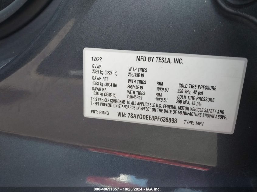 2023 Tesla Model Y Awd/Long Range Dual Motor All-Wheel Drive VIN: 7SAYGDEE8PF638893 Lot: 40691857