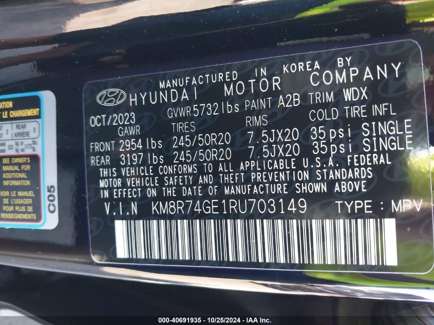 2024 Hyundai Palisade Calligraphy VIN: KM8R74GE1RU703149 Lot: 40691935