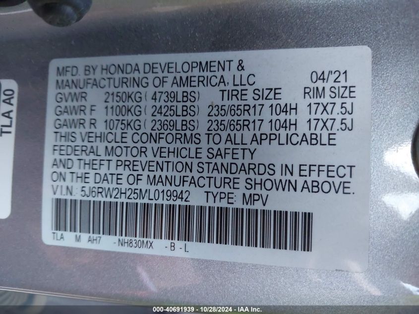 2021 HONDA CR-V AWD LX - 5J6RW2H25ML019942